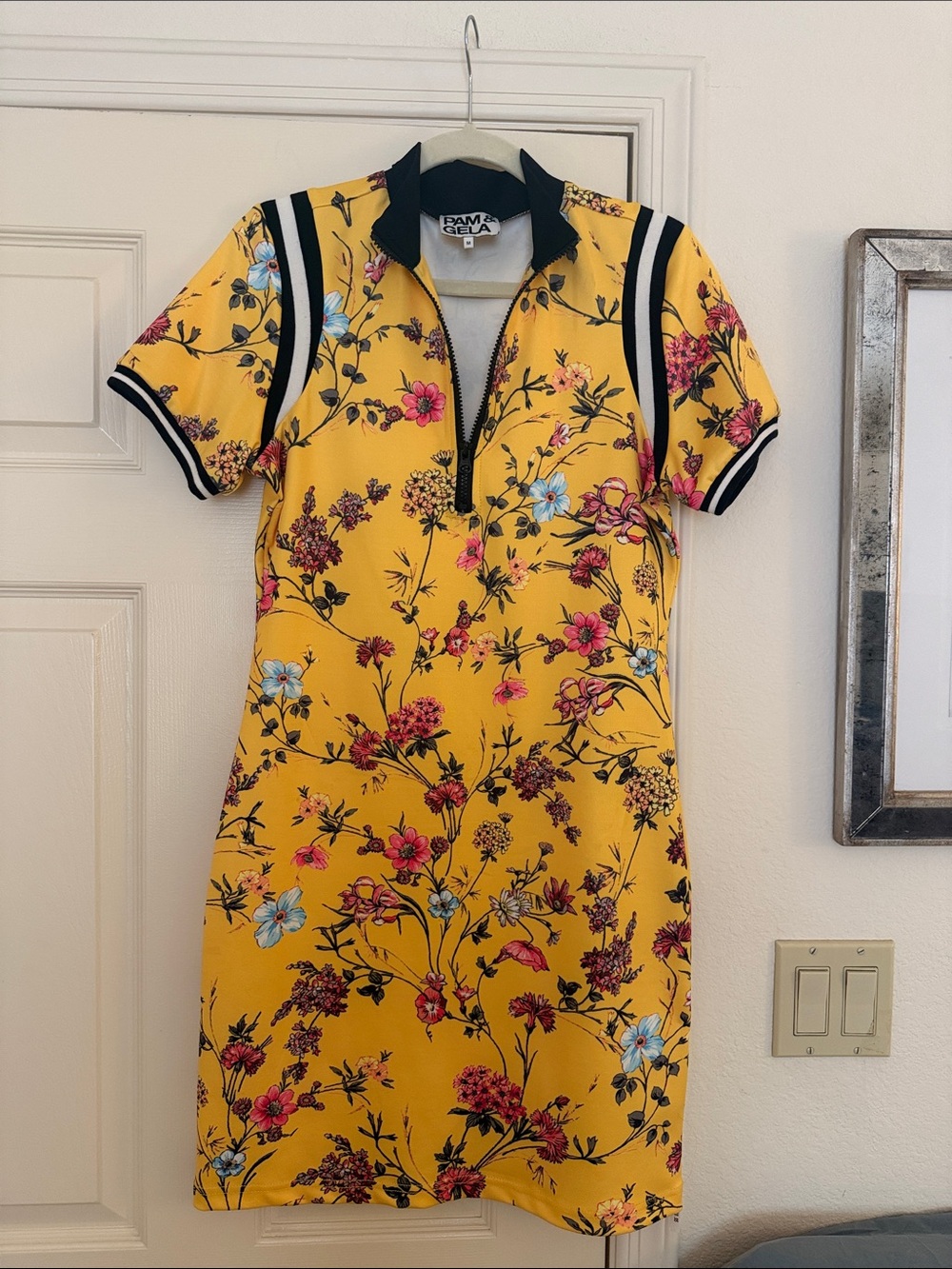 Pam & Gela Yellow Floral Zip-Front Mini Dress